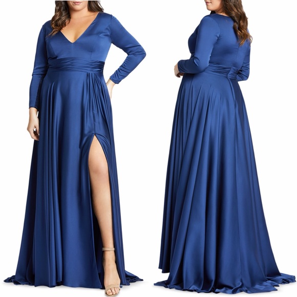 NWT Ieena for Mac Duggal ‘Satin Long-Sleeve Evening Gown’ in “Midnight” Navy 18W